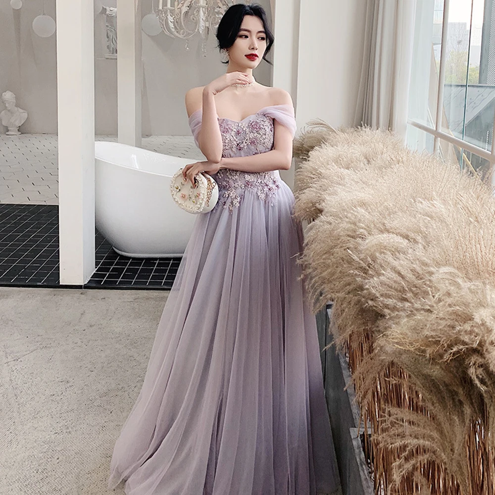 Elegent Purple 4 Styles Bridesmaid Dress Women Off The Shoulder Light Luxury Prom Gown Flower Applique Ruffles A-line Vestido