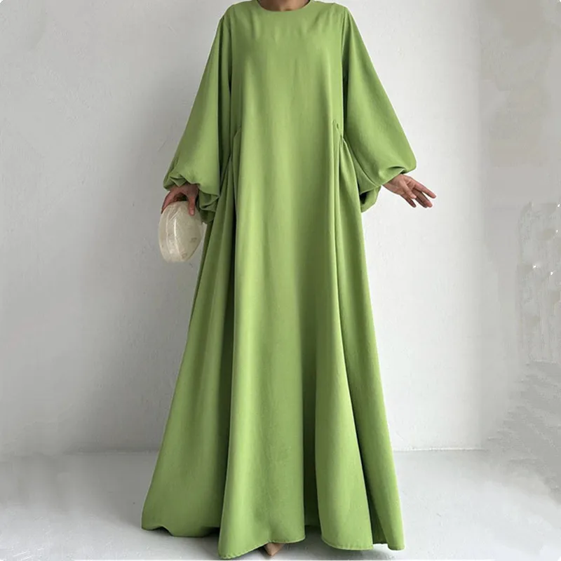 Vestido Kaftan de manga comprida muçulmano para mulheres, vestido maxi, Islam Abayas, monocromático, elegante, gola redonda, manga, Abaya, Ramadã, 601