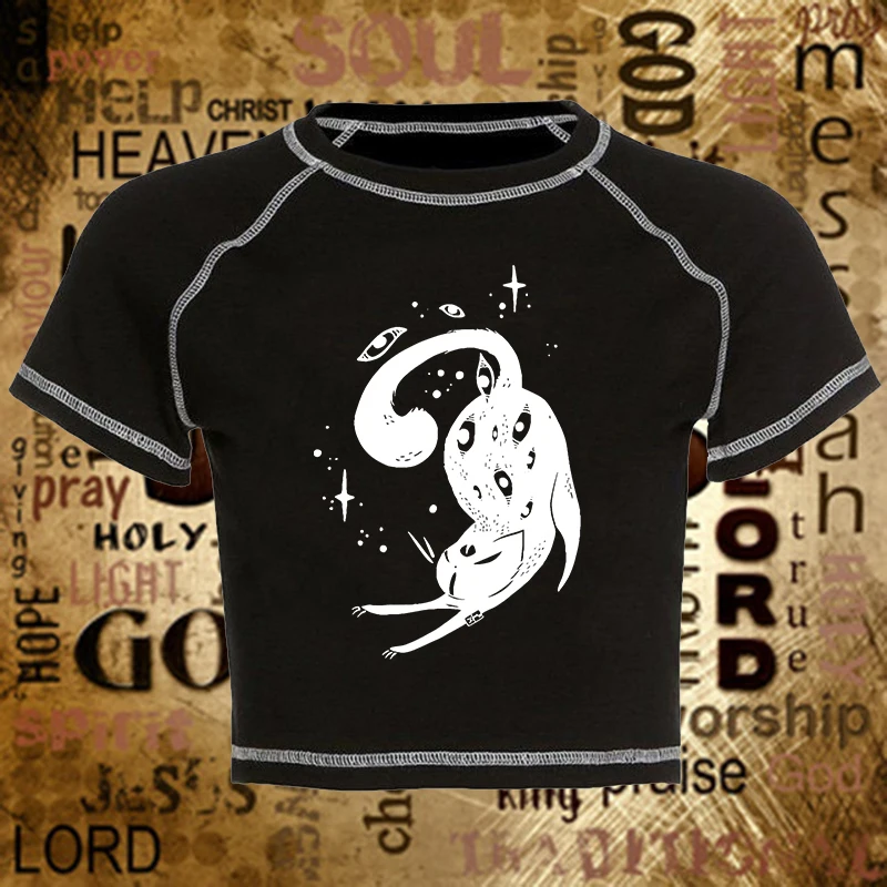 

Мода Y2K, креативный укороченный топ с принтом кота, Harajuku, эстетика, готическая повседневная сексуальная футболка, универсальная классическая женская футболка в стиле панк