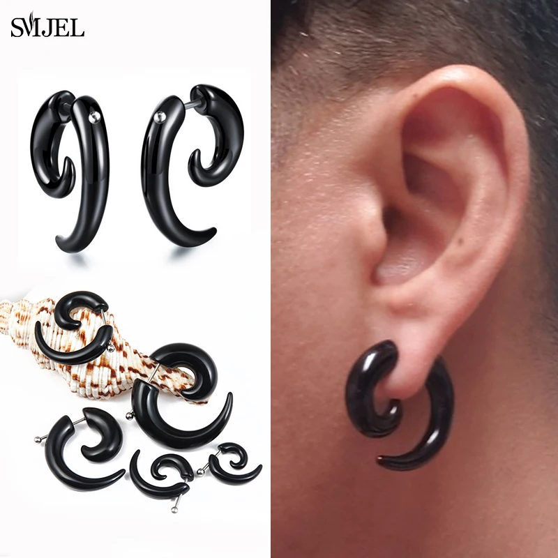 1PC Punk Acrylic Black Bull Horn Snail Shape Earrings For Men Women Hip-hop Rock Party Personality Ear Jewelry Korean Wholesale