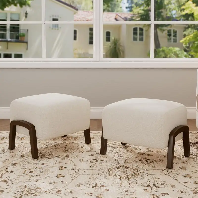 

Set of 2 White Boucle Upholstered Ottomans with Wooden Legs