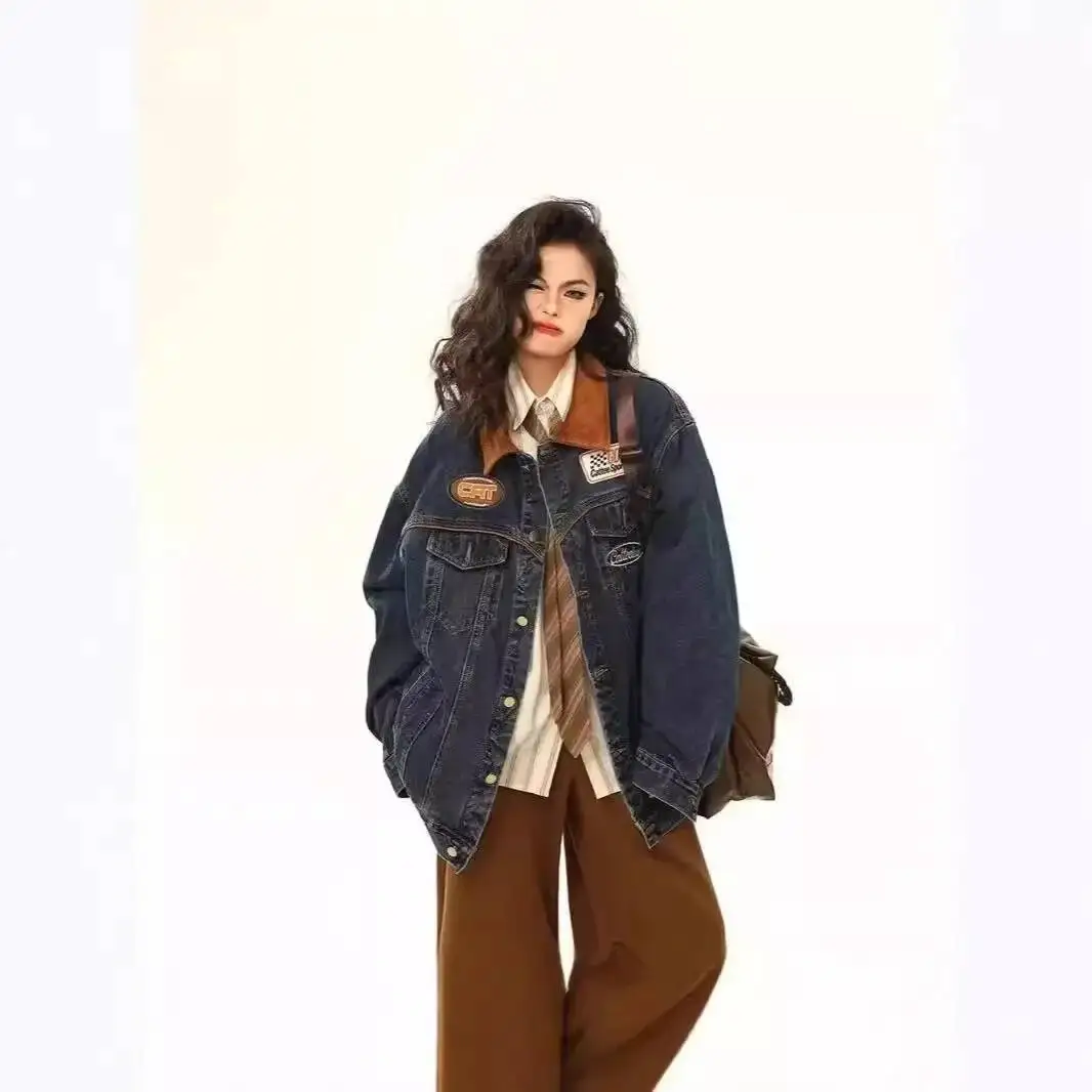 

2025 Autumn New Denim American Style Vintage Motorcycle Trendy Brand Lapel Jacket Loose Fit Top For Men And Women