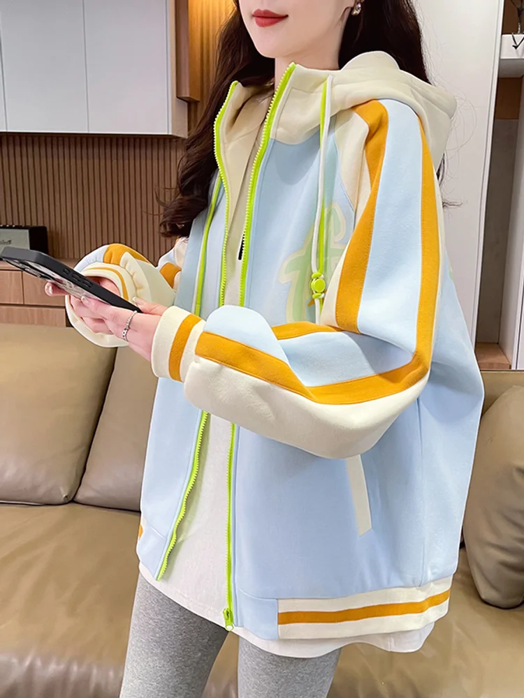Spring Autumn Color Blocking Baseball Uniform Loose Fashion Design Sense Retro Casual Comfortable Student Hooded Hoodie Coat
