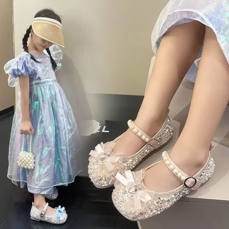 

Children's Toddler Sandals Blue Leather Glitter Diamond Bow Girls Baby Single Shoes 3-12 Years Old Pink Non-slip Kids Baby Shoes