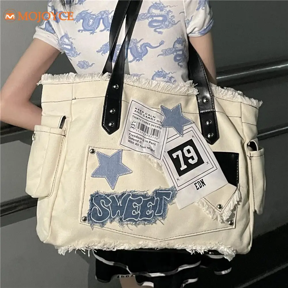 Bolso de mano con diseño de estrella coreana para mujer, bolsa de mano sólida Y2K de gran capacidad para ir al hombro, bolsa de lona para axilas, 2023