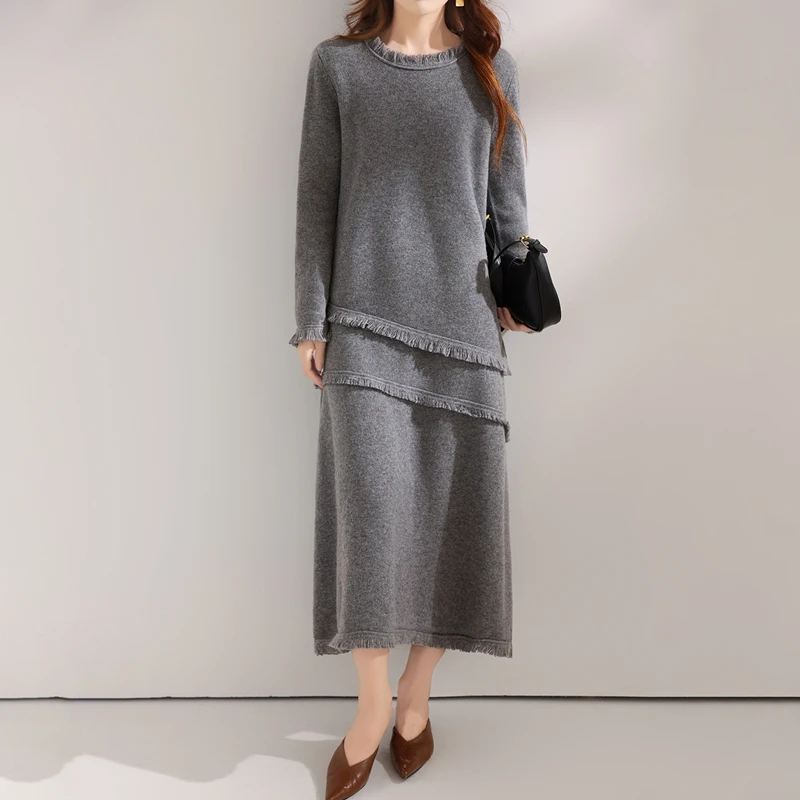 Autumn And Winter 100% Pure Wool Knitted Suit Women's Round Neck Pullover New Skirt Two-Piece Thickened