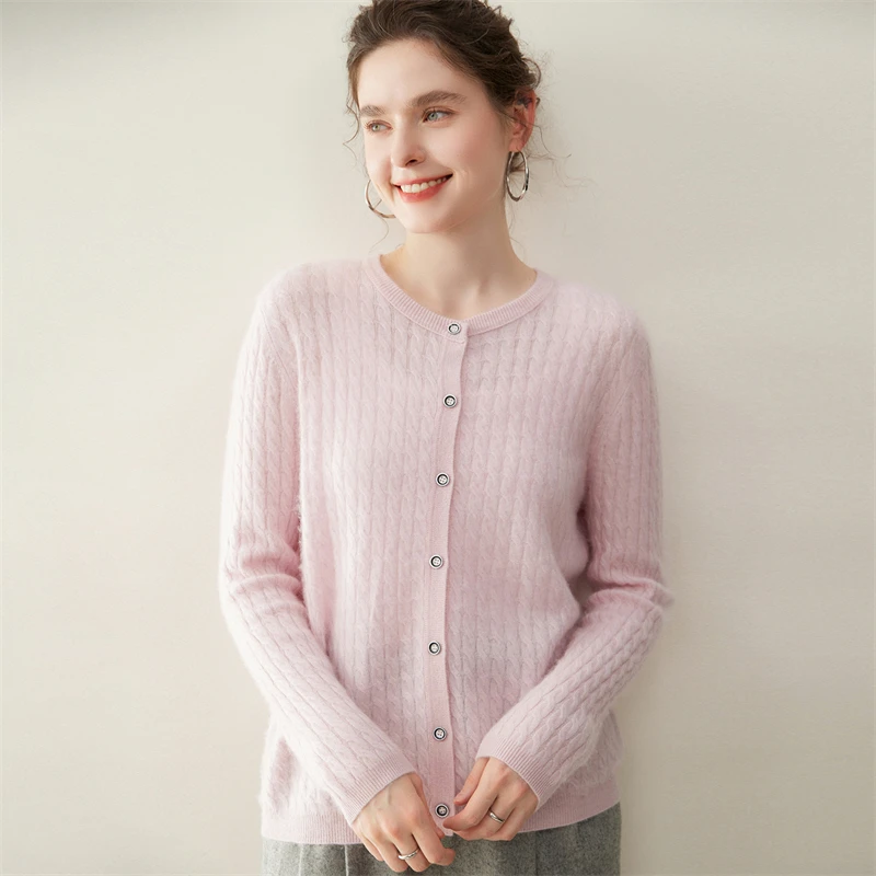 شيك س الرقبة زر الملتوية كابل سترة الخريف الشتاء المرأة نعمة مكتب سيدة سترة مشغولة من الصوف الفاخرة 100% الكشمير بلوزات جديدة