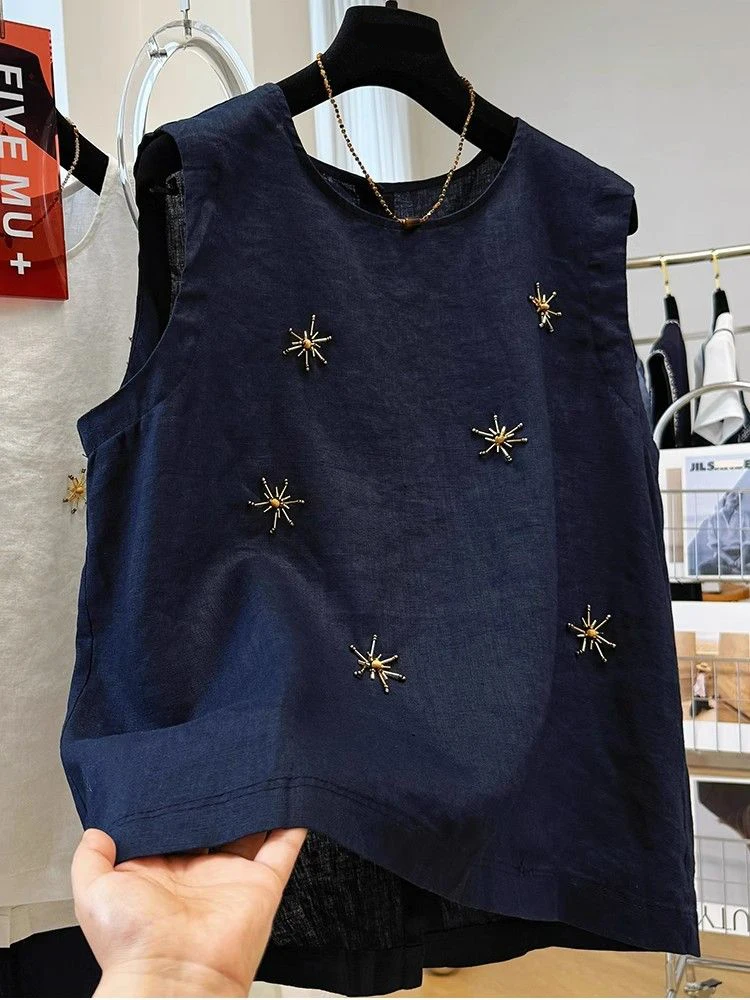 

Premium Feelings Retro Embroidered Heavy Vest Svel round Ne Top Men Women Summer Faionurable Breathable Thin irt