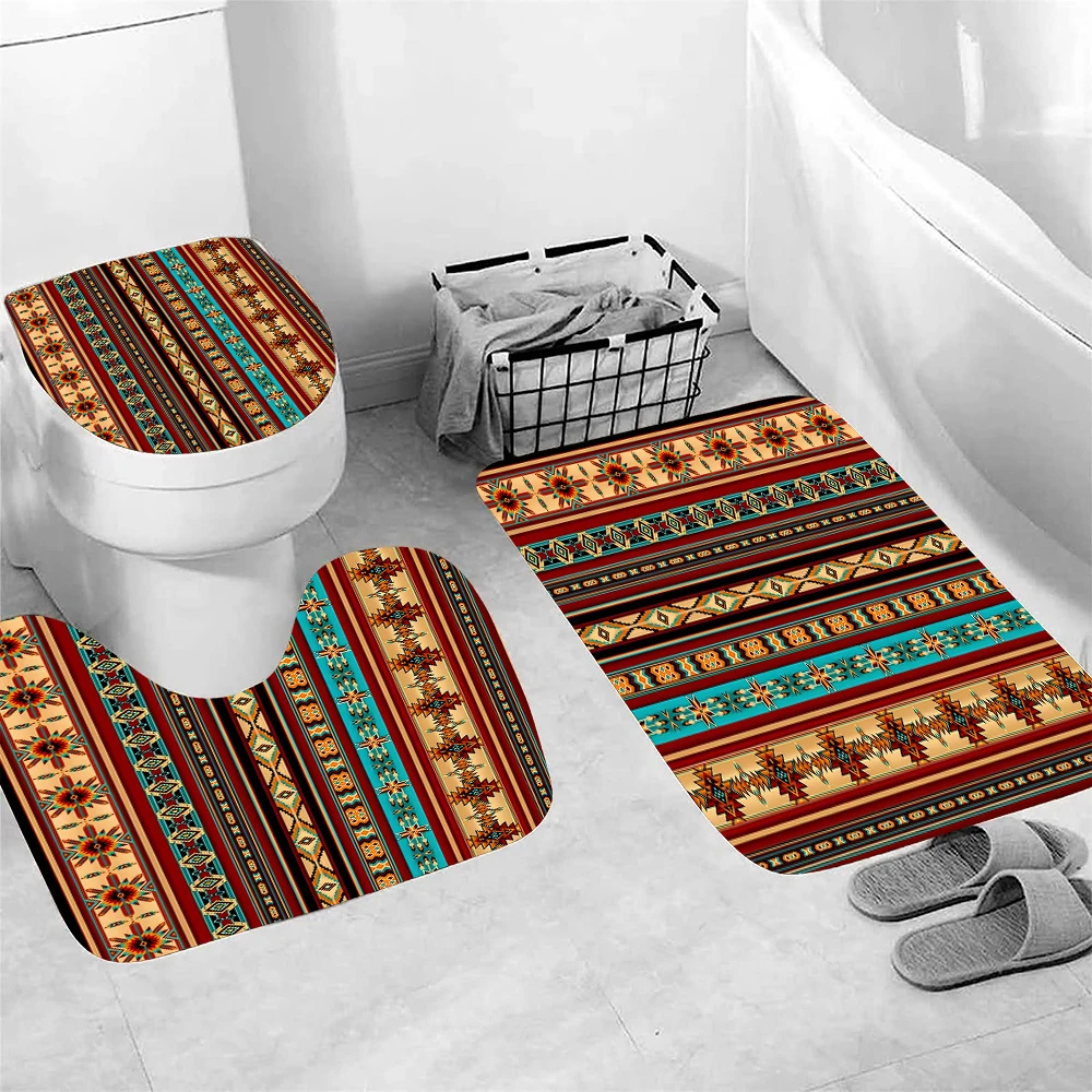 1 set of retro red and blue totem printed shower curtains with 12 hooks and bathroom floor mats
