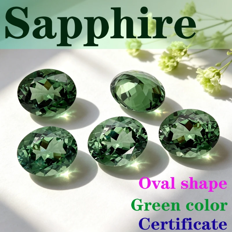Laboratory Production Sapphire Stone Oval Shape Green Color Certificate