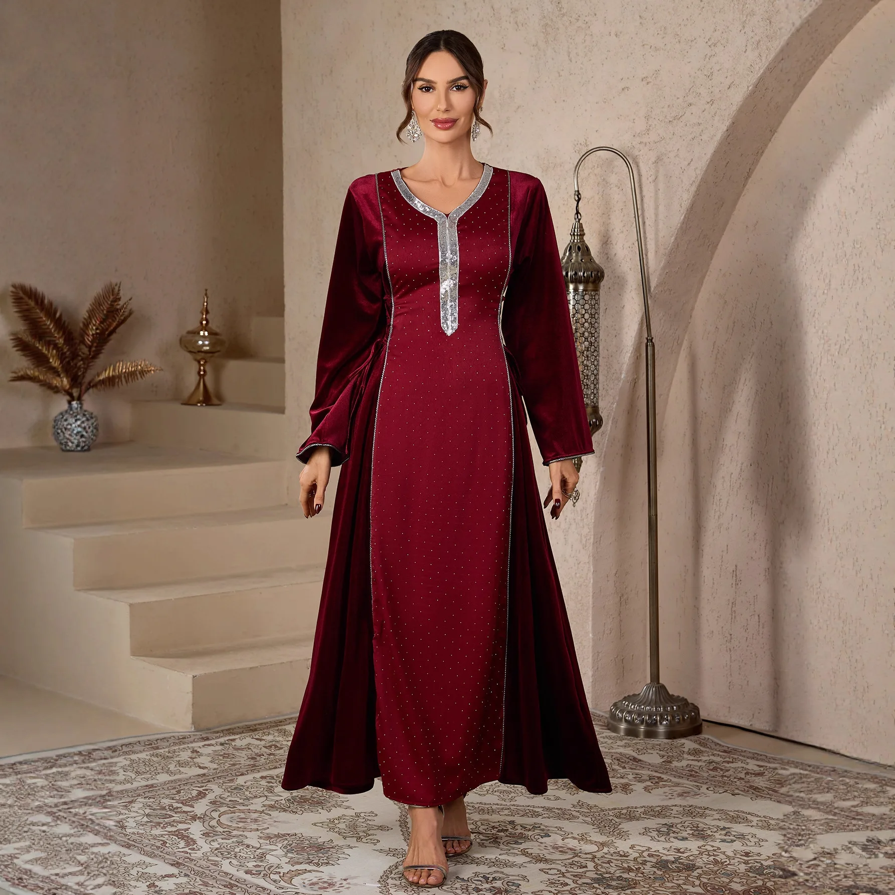 

Eid Women Dress Abaya Muslim Party Dresses Jalabiya Sequins Dubai Arab Long Robe Ramadan Morocco Lace Up Kaftan Islam Vestidos