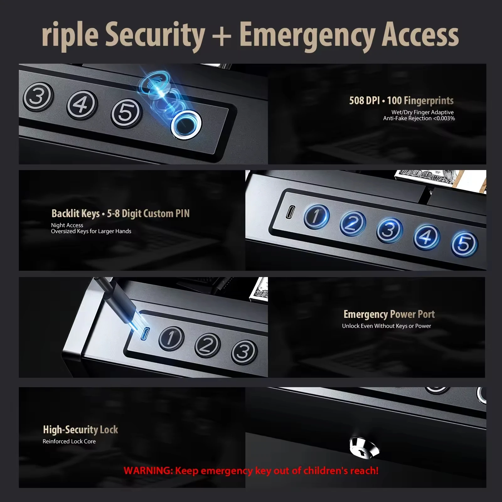 High-security Anti-Theft Fingerprint Password Safe Box Shockproof Vehicle-mounted Gun Safe for Valuables Quick Access