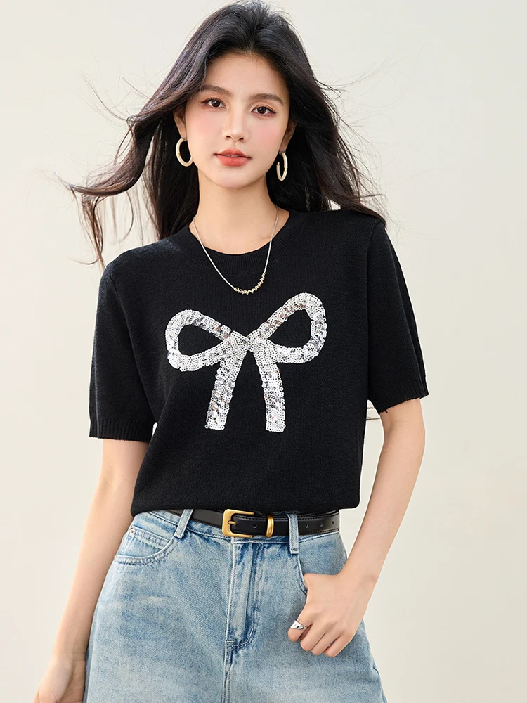 T-shirt girocollo con fiocco maglione lavorato a maglia a maniche corte per le donne 2025 estate nuova moda casual top versatili