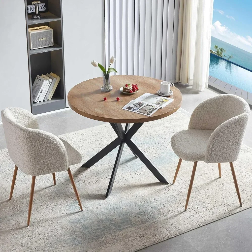 

Home Kitchen Round Dining Table with Thick Tabletop and 2 Upholstered Arm Chairs, 1* Round Table+ 2* Arm Chairs,White