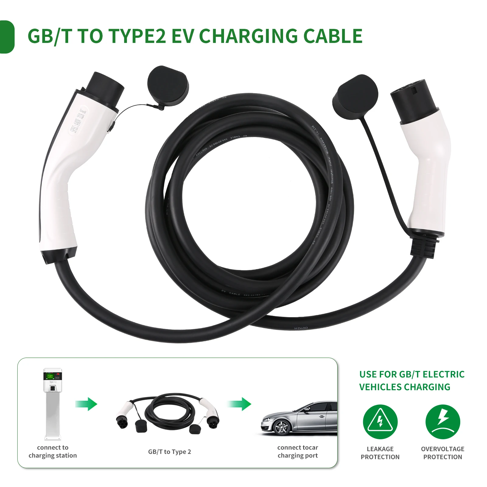 32A Three Phase 22kw Type 2 to GBT EV Charging Cable With 5m Cable Use for GBT Electric Vehices Charging 200V~380V