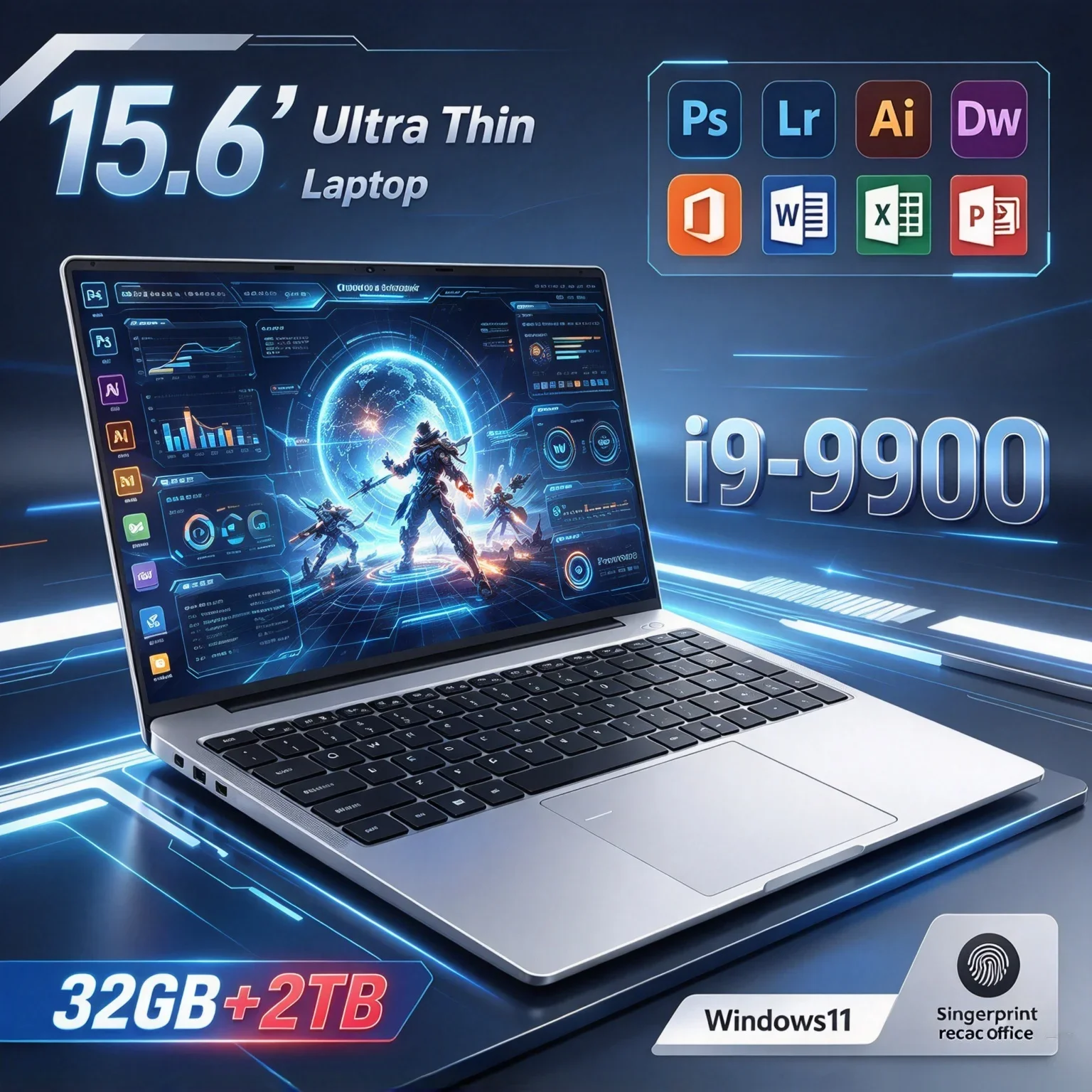 15.6'' Inch Lightweight Laptop Intel I9-9900 32GB RAM 1TB 2TB SSD Windows 11 Fingerprint Unlock Gaming Notebook For Office Study