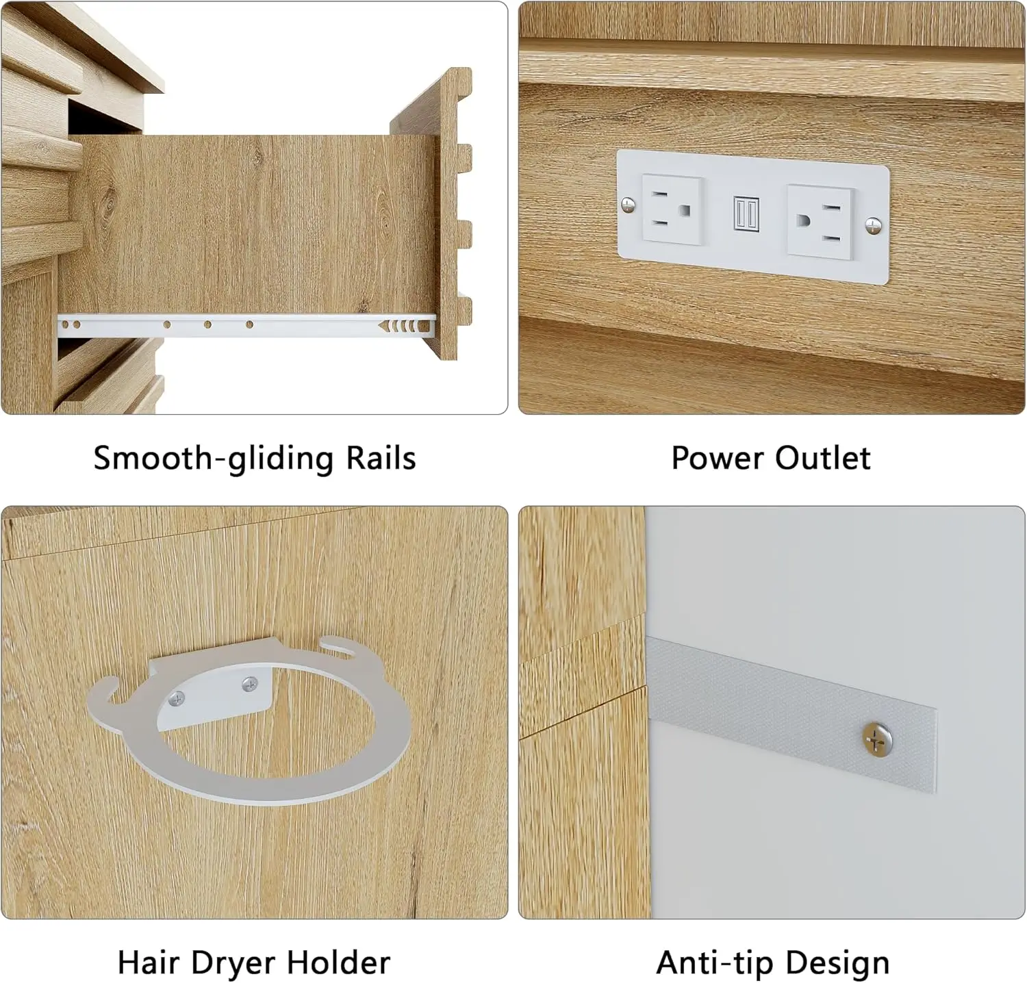Bedroom Vanity Desk Set in Oak, Wood Material, 4 Drawers, Open Shelves, Charging Station and 3 Color Lighting Modes view 6