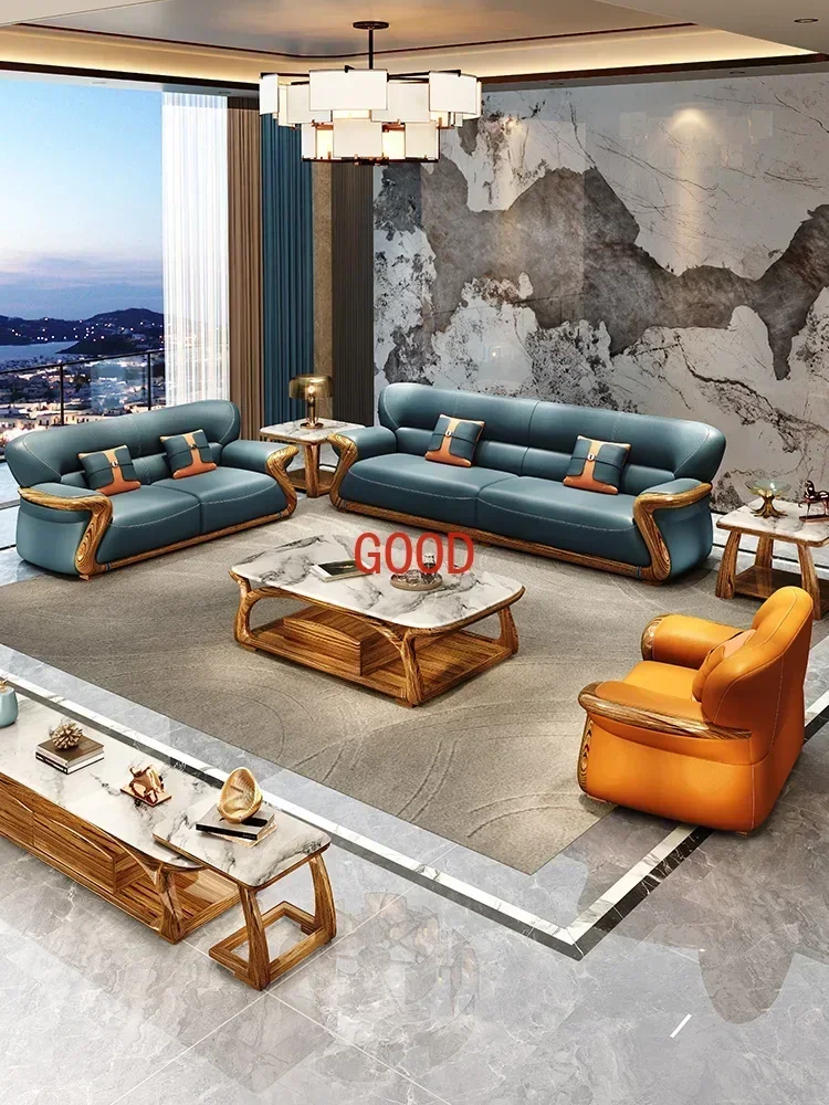 

New Chinese Style Ugyen Wood Leather Art Sofa Villa Living Room First Layer Cowhide Combination