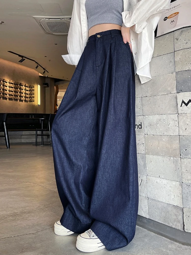 

2026 Spring Summer Women Denim Jeans American Loose Wide Leg Pants Lazy Casual High Waist Floor-Length Straight Leg Trousers