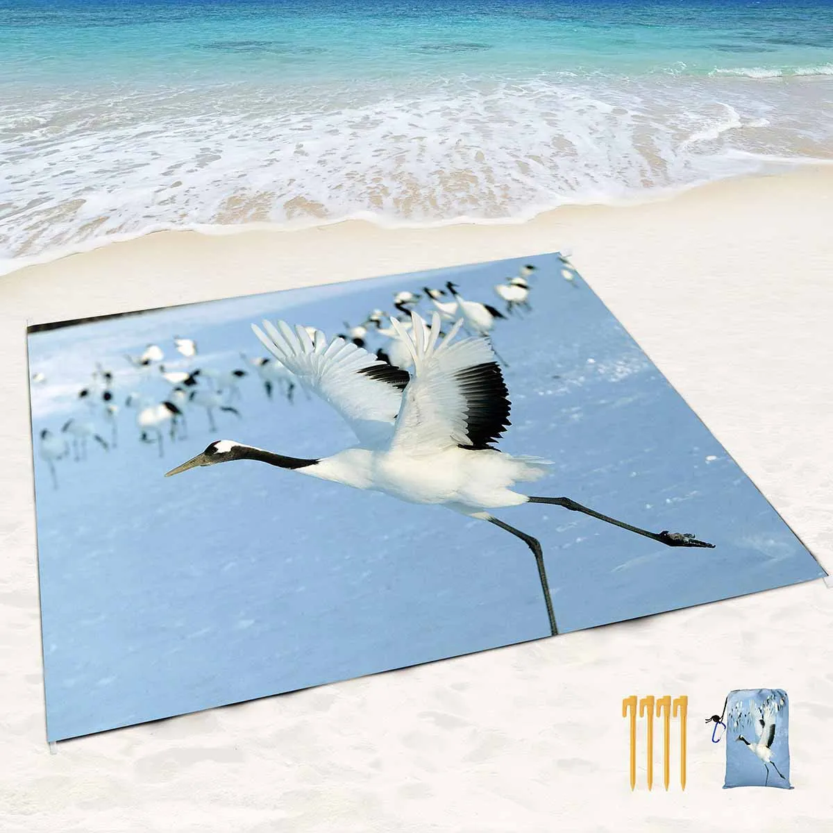 Flying Red-Crowned Crane Beach Blanket Waterproof Sandproof Large Beach Mat With 4 Stakes&1 Storage Bag for Travel Camping Beach