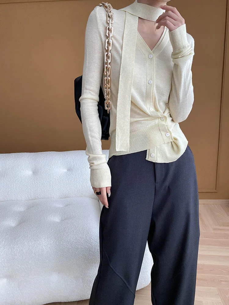 [EAM] Gray Ribbon Elegant Irregular Knitting Cardigan Sweater V-Neck Long Sleeve Women New Fashion Spring Autumn 2024 1DH6855