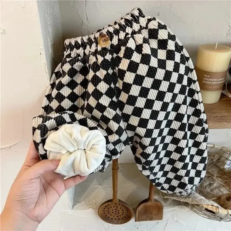 

Kids Checkerboard Pants Winter New 2025 Baby Girl Casual Fleece Pants Corduroy Plaid Trousers 1-7 Yrs Baby Boy's Loose Trousers