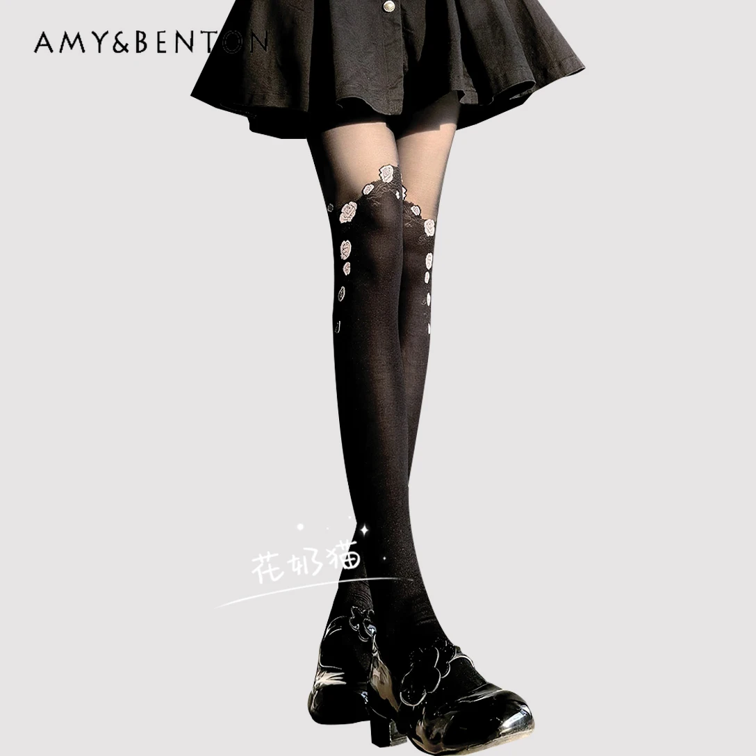 Lolita Stockings Vintage Embroidery Stitching Stockings Spring Summer New Thin White Pantyhose Sexy White JK Knee High Socks