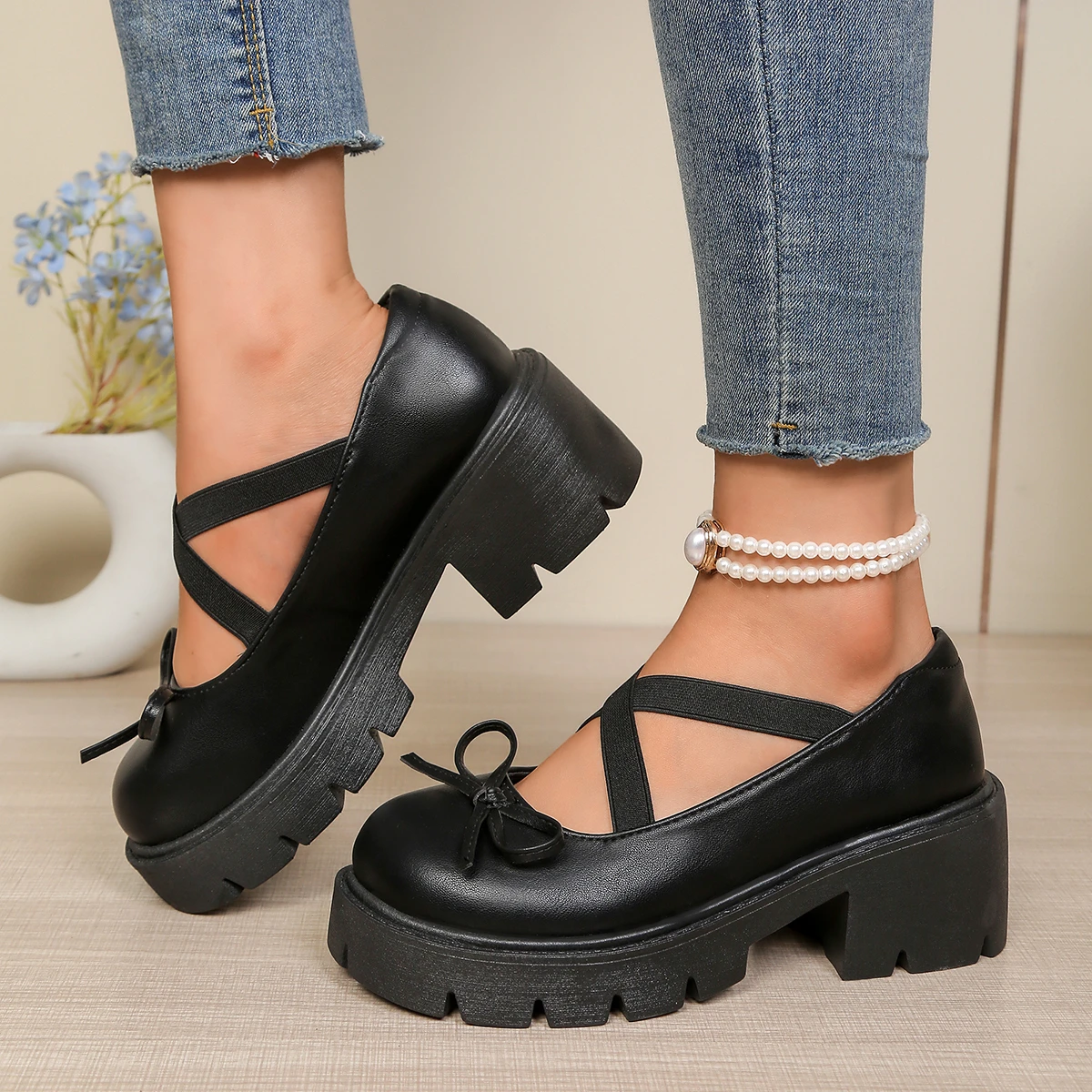 Women's Cross Strap Design Platform Shoes Spring Autumn Round Bow Decorative Non-slip Wear-resistant High-heeled Mary Jane Shoes