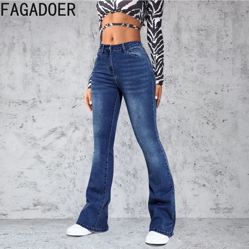 

FAGADOER Dark Blue Fashion Denim Skinny Flared Pants Women High Waist Button Pocket Jean Trousers Female Matching Cowboy Bottoms