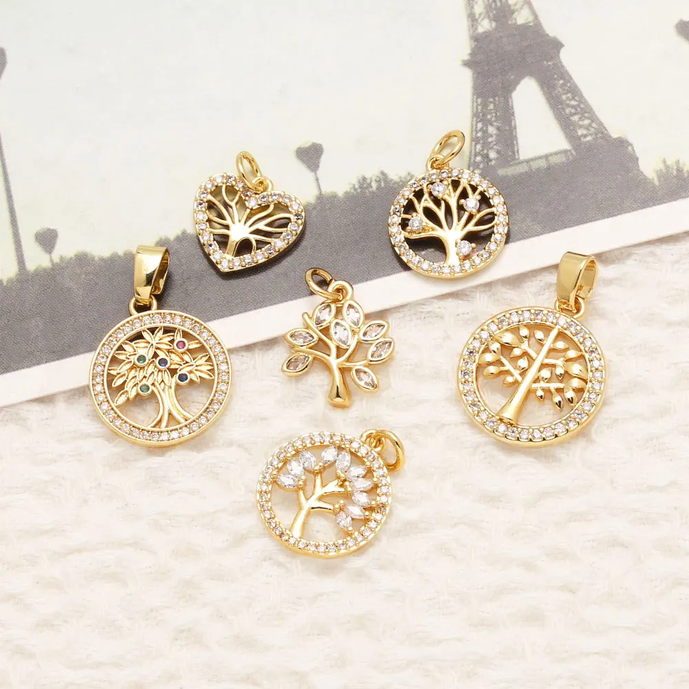 OCESRIO White Crystal Small Tree of Life Charms for Bracelet Copper Round Keychain Purse Charm Jewelry Making Supplies chma500