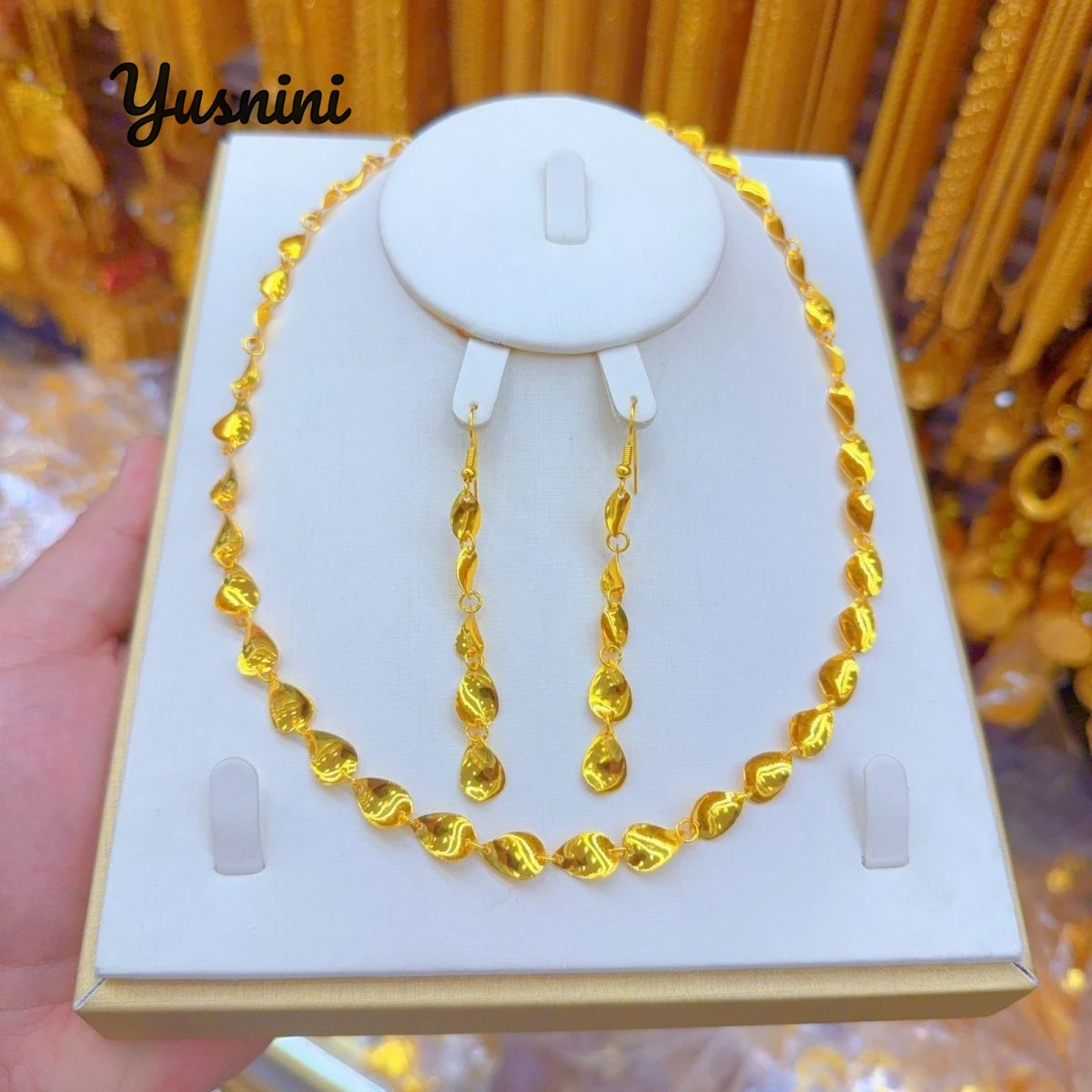 

Fashion Africa Dubai 24K Gold Plated Customized Necklace, Earrings, Rings, Wedding Party Jewelry Set for Lovers DD10797