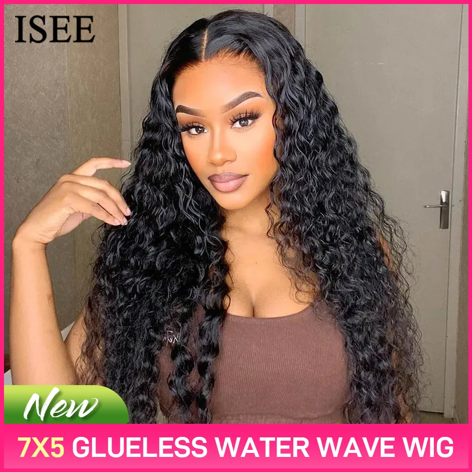 

ISEE Hair Pre Bleached Knots 7x5 Water Wave Wig Wear And Go Бесклеевой парик из человеческих волос Прозрачный предварительно вырезанный вьющийся парик