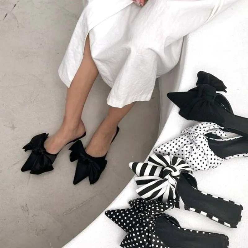Oversize Bowtie Mule Shoes Women Fashion Pointed Toe Stripe Wave Slip-on Sandals Ladies Luxury Satin Silk Outdoor Flat Slippers