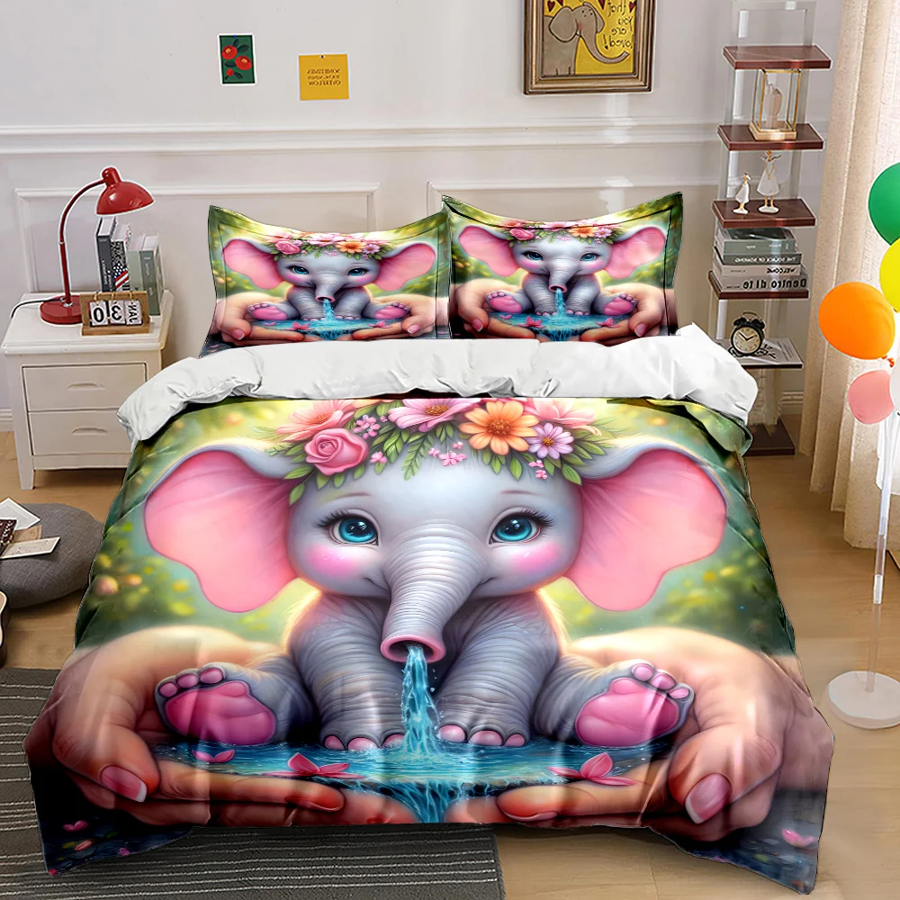 Floral elephant art scenery Pattern Duvet Cover Set Digital Print Colorful Polyester Bedding with Zipper Closur for kids gifts