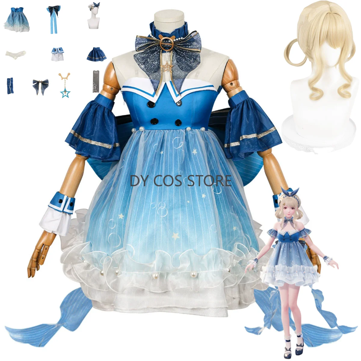 

Костюм для косплея Game Infinity Nikki, аниме-парик, синяя юбка с пузырьками, платье принцессы с открытыми плечами, женский милый карнавальный костюм на Хэллоуин
