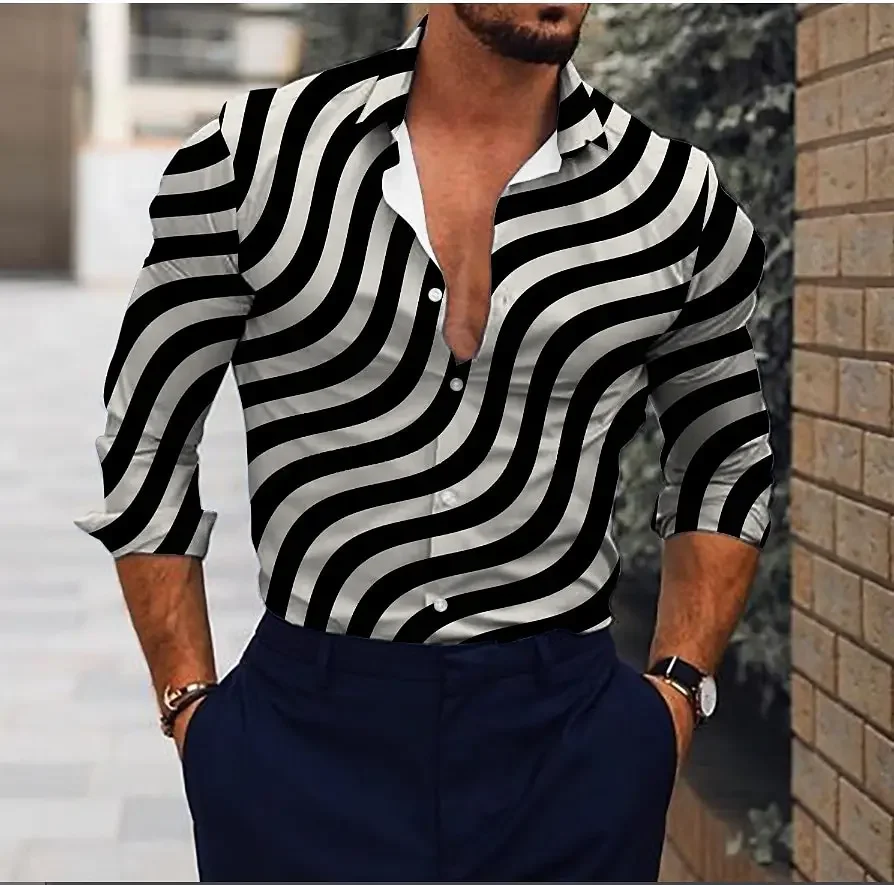 Fashion Men\'s Shirt Black And White Graphic Striped T-Shirt Lapel Daily Casual Long Sleeve Clothing Party Design Casual Shirts