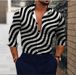 Fashion Men's Shirt Black And White Graphic Striped T-Shirt Lapel Daily Casual Long Sleeve Clothing Party Design Casual Shirts