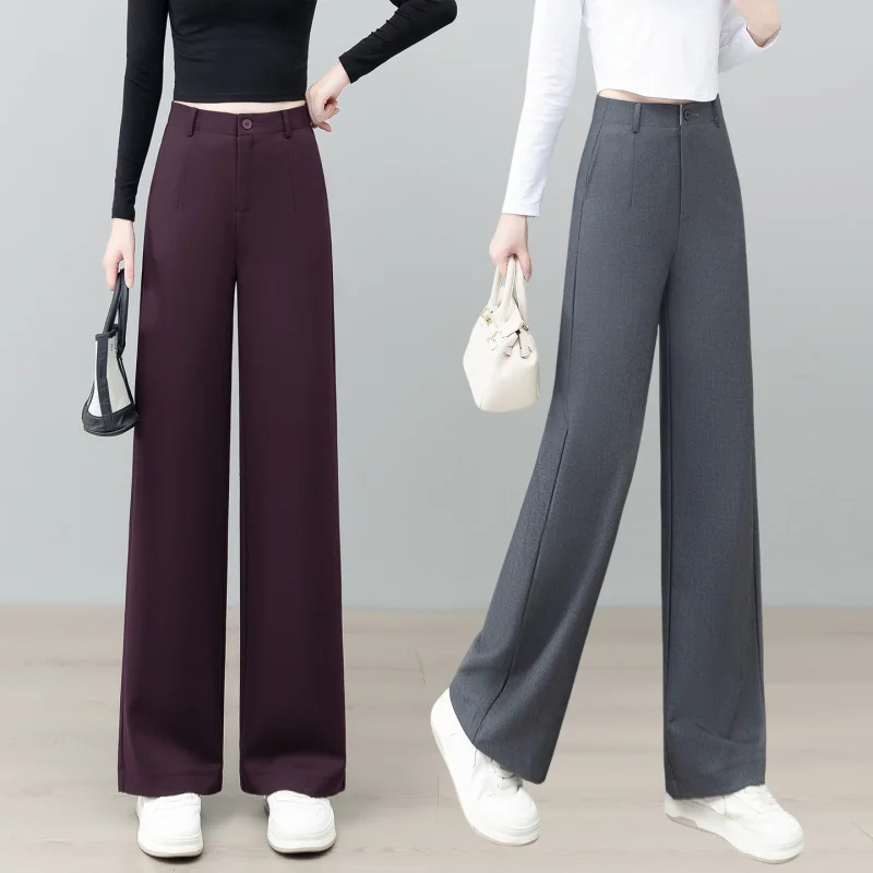 

Элегантные и универсальные тонкие широкие костюмные брюки, осенние новые модные простые драпированные прямые брюки с высокой талией