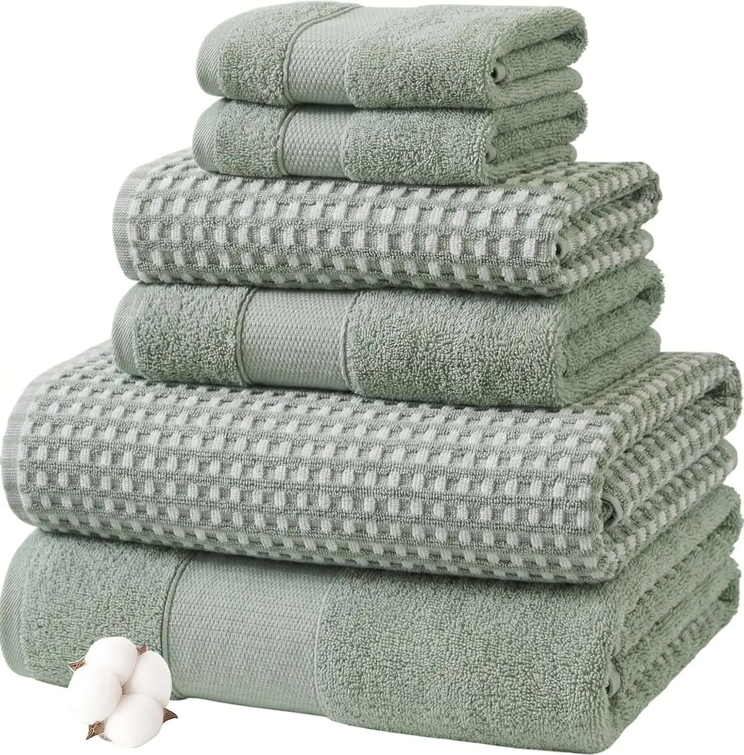 

Ultra Soft 600 GSM Cotton Bath Towel Set – 6 Piece with Hand Towels & Washcloths – Waffle (Deep Sage)