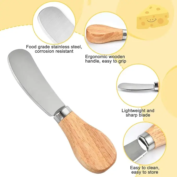 Cuchillo para untar mantequilla de acero inoxidable con mango de madera, hoja resistente antideslizante de calidad alimentaria, agarre de madera cómodo y antideslizante, borde liso seguro para usar, ideal para untar mantequilla, mermelada, queso y crema sobre pan, tostadas y repostería a diario.