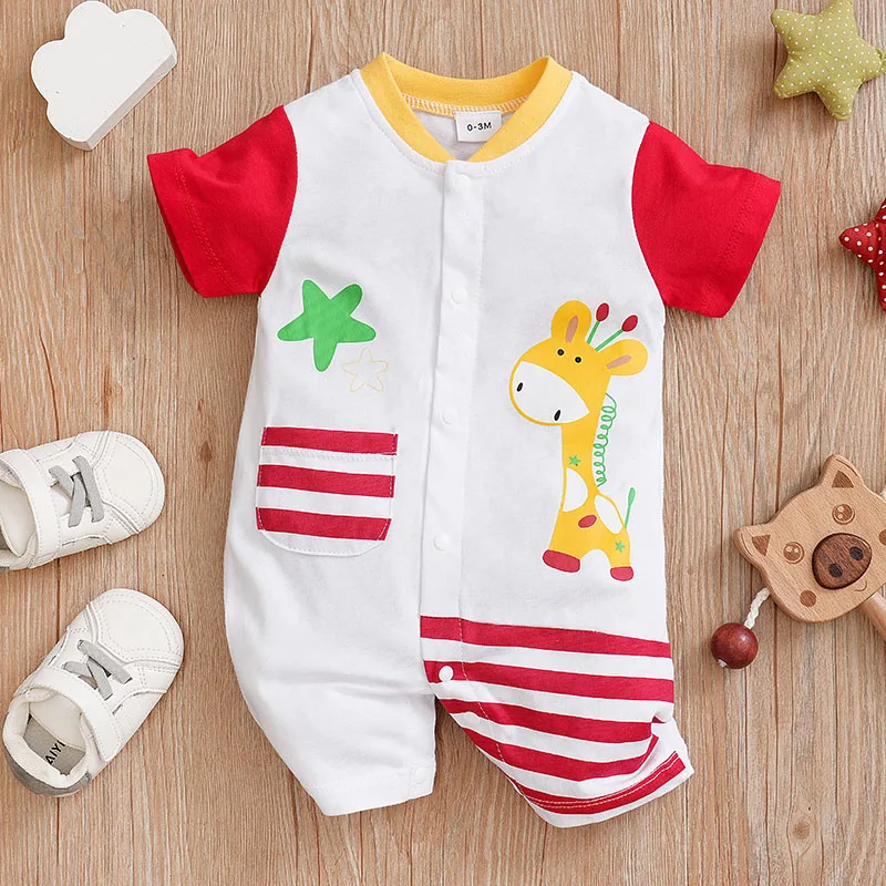 Newborn Clothes Cute Cartoon Giraffe Printed Cotton Casual And Comfortable Soft Summer Boys And Girls Short Sleeved BabyJumpsuit