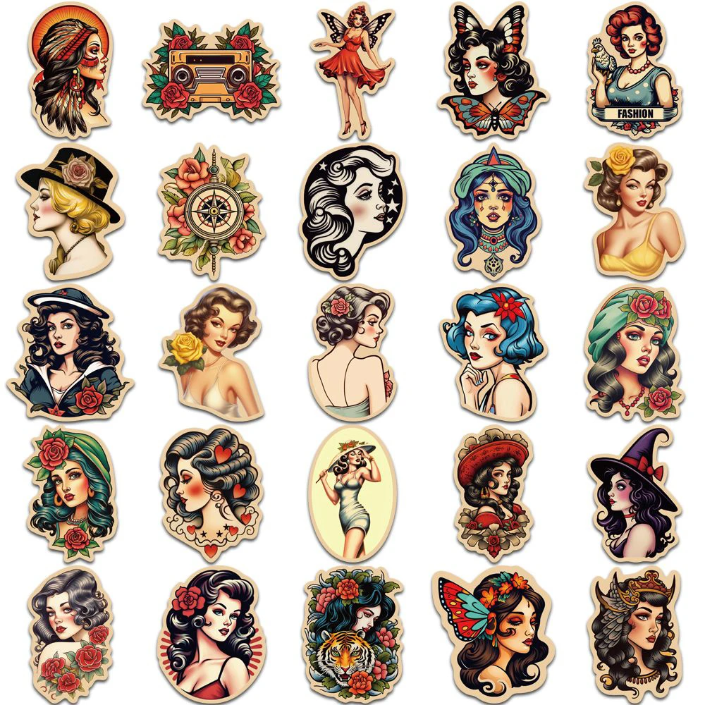 Pegatinas de Arte de tatuaje de estilo Old School, calcomanías de Graffiti de chica Pinup Sexy Retro Para monopatín, funda de teléfono y portátil, 10/30/50 piezas