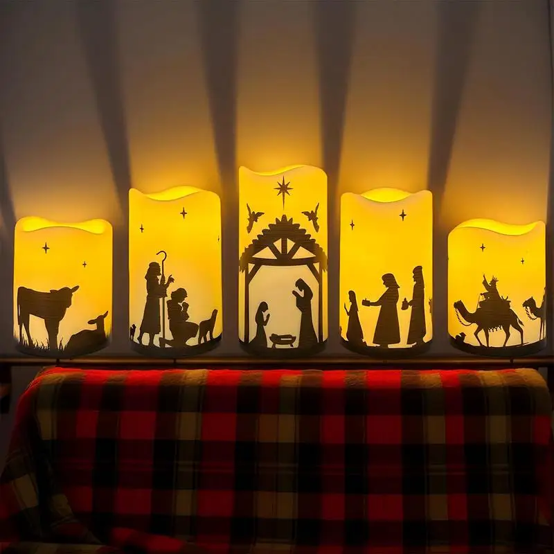 

Flameless LED Christmas Nativity Scene Candle Lights with Remote Battery Powered Religious Pillar Decoration for Indoor Holiday