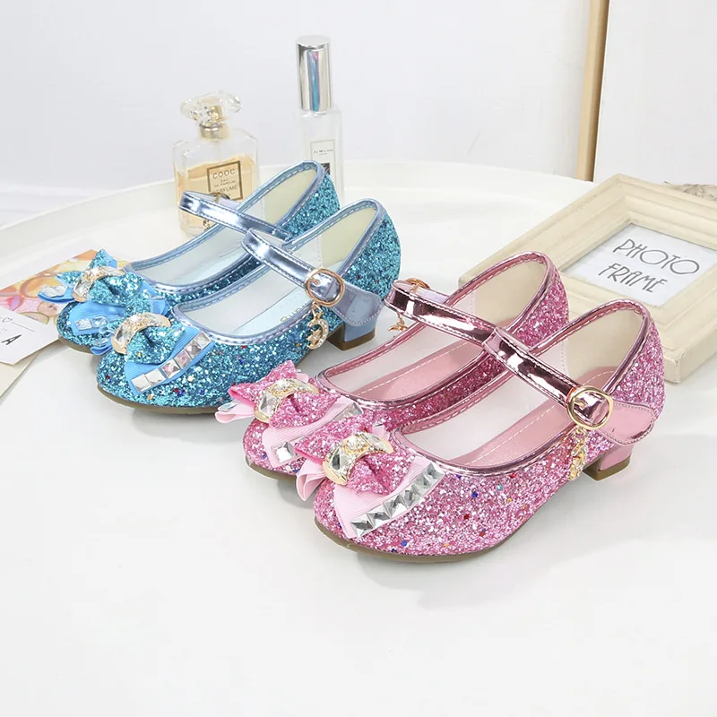 

New Kids Casual Footwear Glitter Bowknot Princess Sandals Children High Heels Girls Wedding Dress Dance Show Party Leather Shoes