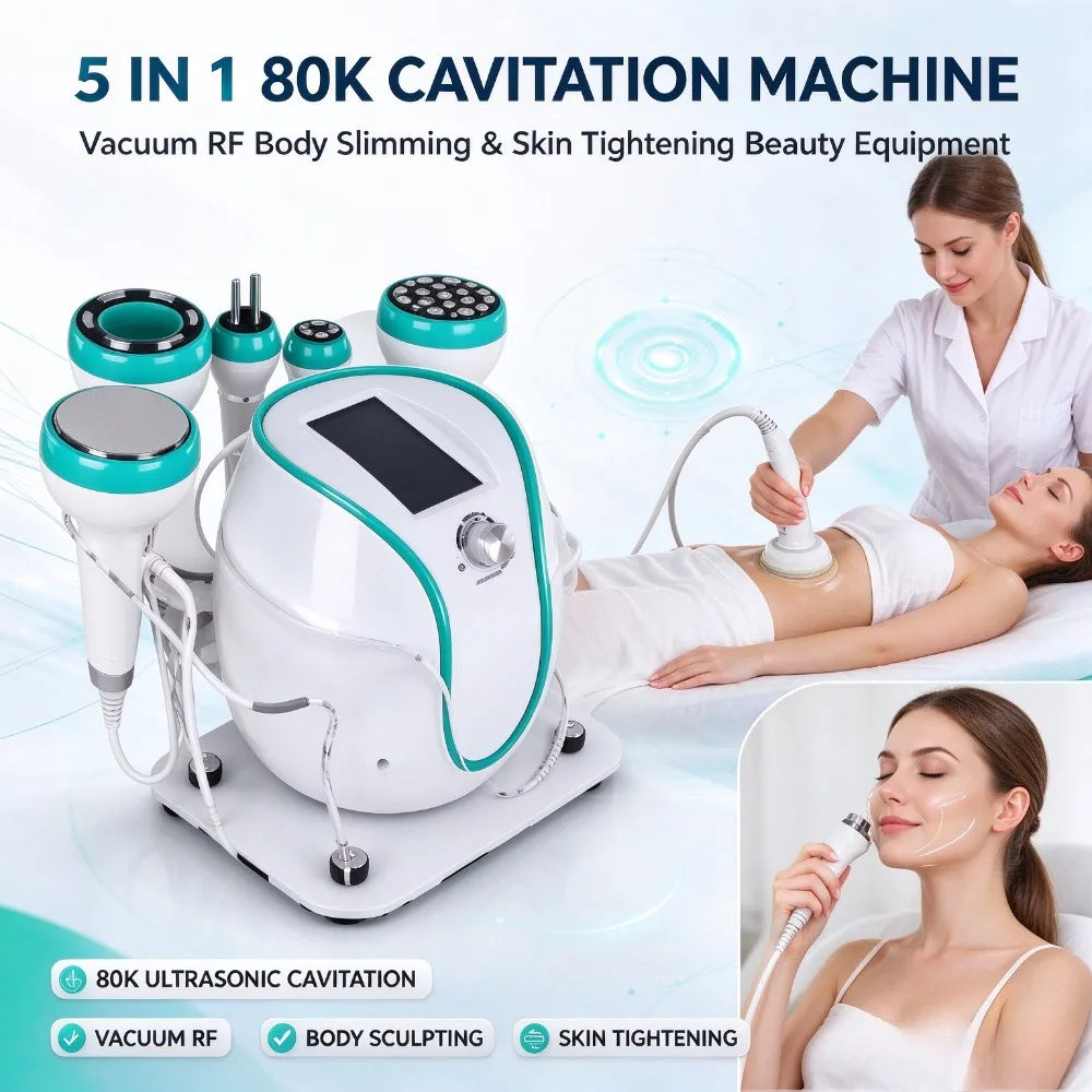 80K Cavitation RF Vacuum Beauty Machine, 5 Handles Body Sculpting Fat Reduction Skin Lifting Device for Home & Salon Use