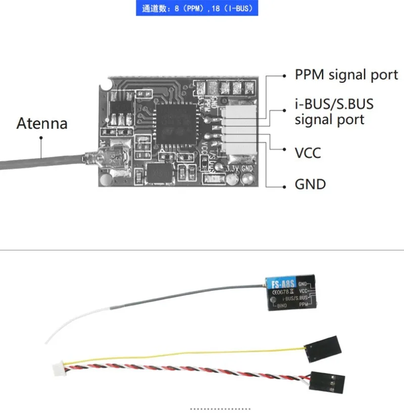 Flysky RX FS-A8 FS A8S FS-A8S 2.4G 8CH Mini RC Receiver W PPM i-BUS SBUS Output for i6S FS-i6X FS-i10 FS-GT2E I6 A2 Transmitter