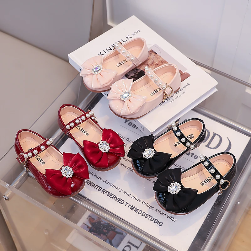 Mädchen Mary Jane Ballerinas, Kleinkind Mädchen Schleifenkleid Schuhe mit Strass-Perlenriemen, Weiche Sohle Prinzessin Party Hochzeitsschuhe für Kleine Kinder – Detail 4