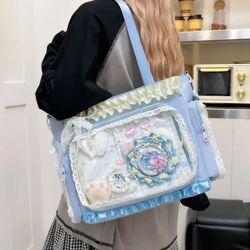 لطيف Bowknot حقيبة كروسبودي حمل حقيبة انمي ياباني شفاف الكتب المدرسية حقيبة كتف اتجاهين السلع شارة Merch Itabag