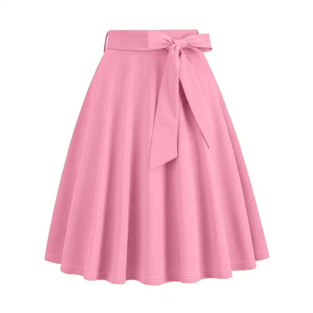 Summer Dating Party Midi Skirt Women Skirt Belted Tight Waist Bow Decor A-line Big Swing High Waist Soft Ruffle Skirts