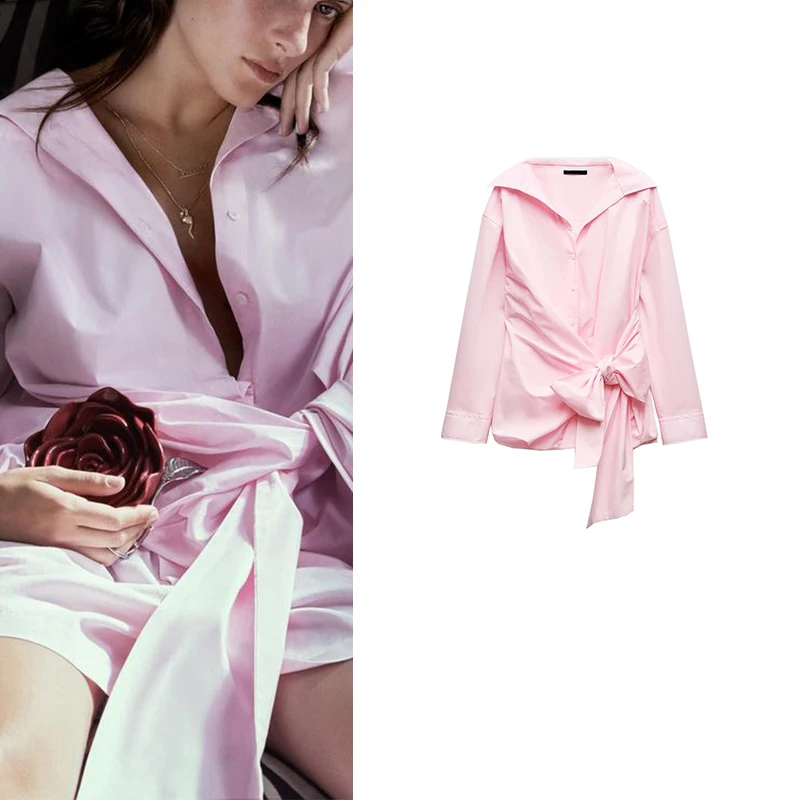 

Faionable Loose Long Sve irt Women's Spring Autumn New Arrival Knot Decorated Silk Gauze Blouse Polyester Fiber